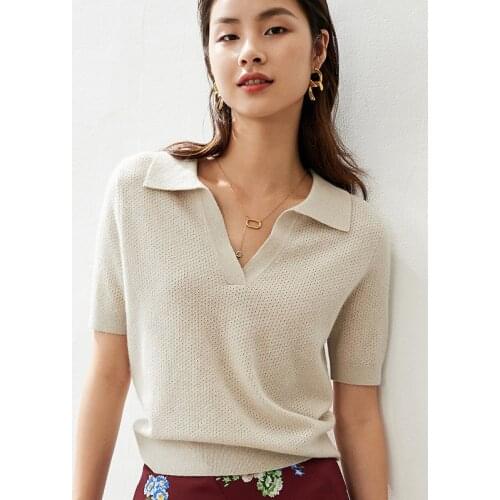 New fashion pure cashmere knit women tshirt short sleeve Vneck thin turn down collor all matching color M/L