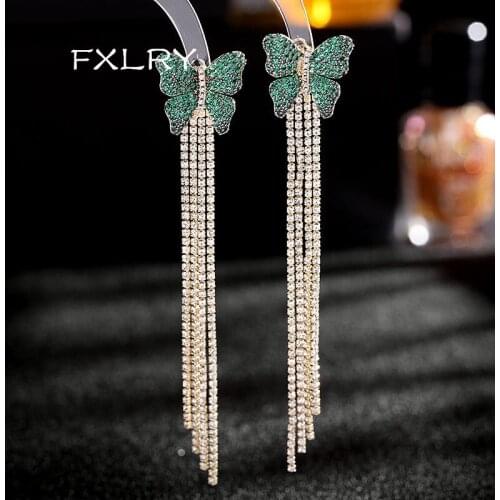 FXLRY High Quality Micro-Inlaid Green Zircon Butterfly Long Tassel Earring For Women Fashion Jewelry