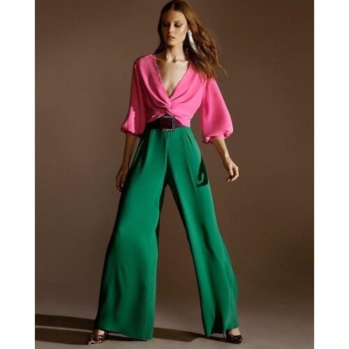 2021 Womens Two-Piece Set Summer Temperament Suit Long Sleeve V-neck Slim Bicolor Tops and Wide Leg Pants Goddess Plus Size