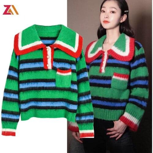 ZALady Chic Striped Green Sweater Autumn Winter Pullover Women Lapel Long Sleeve Loose Sweaters Casual Pullovers Jumpers top Y2K