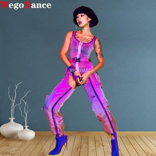 Women Purple Sexy Bodysuit Stage Costume Open Crotch Pants Nightclub Jazz Dancer Clothes Hip Hop Rave Outfit Bar Wear