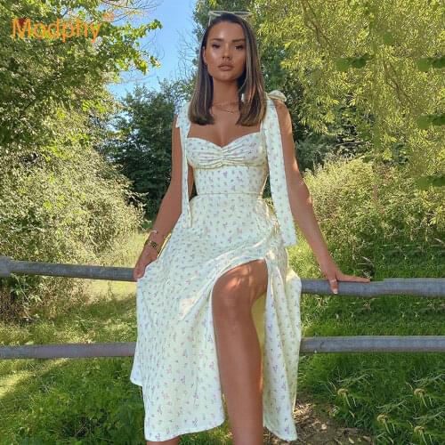 Women Summer Floral Print Midi Dress Bohemian Hippie Beach Ladies Bow Lace-Up Casual Vacation Clothing Female Vestidos 2021 New