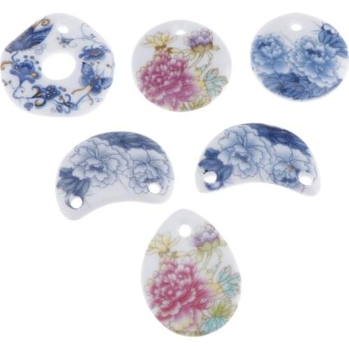 6pcs Traditional Chinese Handmade Ceramic Charms Beads Porcelain Flower Pendant