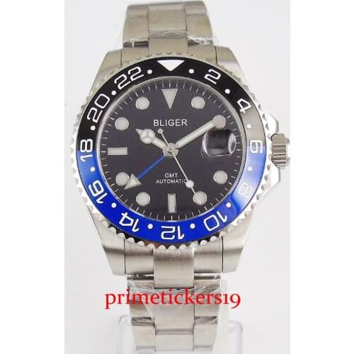 BLIGER blue hands black dial rotating bezel sapphire glass with cyclops lens gmt function automatic watch men