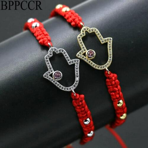 BPPCCR Silver Color Hamsa Hand Fatima Shiny Crystal Red Rope Strings Thread Braid Lucky Braid Bracelet Men Women Pulsears Gifts