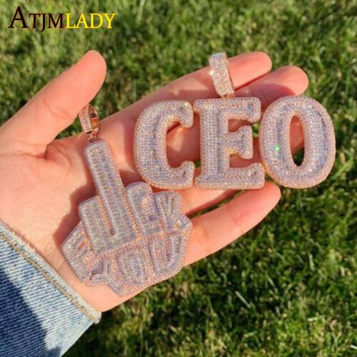 Iced Out Bling Baguette CZ Letter Hip Hop Men Jewelry Gold Color 5A Cubic Zirconia Vertical Middle Finger Pendant Necklace