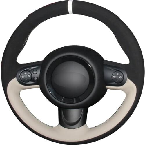 Black Suede Beige Natural Leather Beige Marker Car Steering Wheel Cover for Mini Coupe