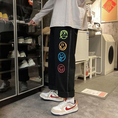 Colorful Expression Print Black Jeans for Mens Straight Leg Denim Pants Teen Hip Hop Casual Lady Oversized Baggy Trousers Street