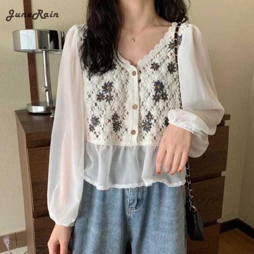 JuneRain Womens New Style French Chiffon Floral Shirt Female Embroidery Street Blouse Design Sense Niche Shirt Blusa Mujer Tops