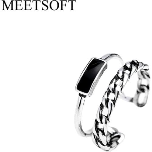MEETSOFT Thai Silver Opening Ring For Women Simple Adjustable Retro Distortion Chain Double Layer Resin Square Jewelry Gift