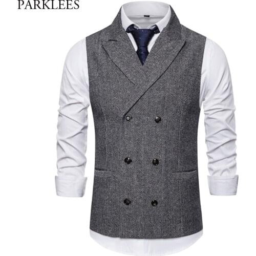 Fashion Tweed Double Breasted Suit Vest Men 2020 Brand Peak Lapel Mens Tuxedo Vest Business Wedding Dress Waistcoat Gilet Homme