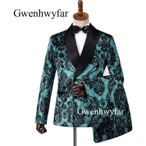 Gwenhwyfar Black Flower Printed Velvet Men Suit Slim Fit Wedding Peacock Green Suits for Men Prom Groom Tuxedo Jacket with Pants
