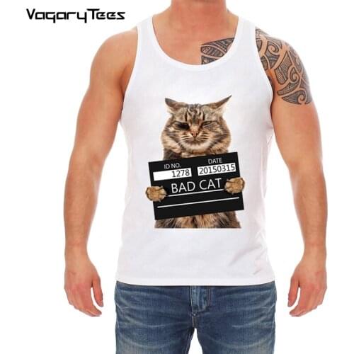 New 2019 fashion super cute Cool Punk Cat tank top Bad cat in the police prison funny design Men clothing