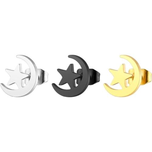 AsJerlya New Titanium Steel Moon And Star Stud Earrings Stainless Steel Simple Small Earrings For Women Jewelry Accessories