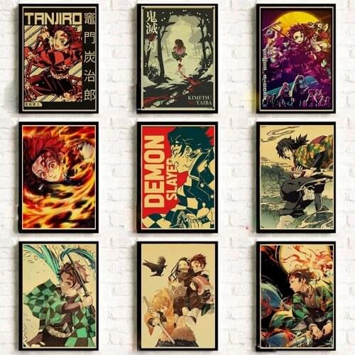 Self-adhesive Wall Stickers Retro Demon Slayer: Kimetsu No Yaiba Tanjirou Nezuko Anime Manga Wall Poster Home Art Decoration