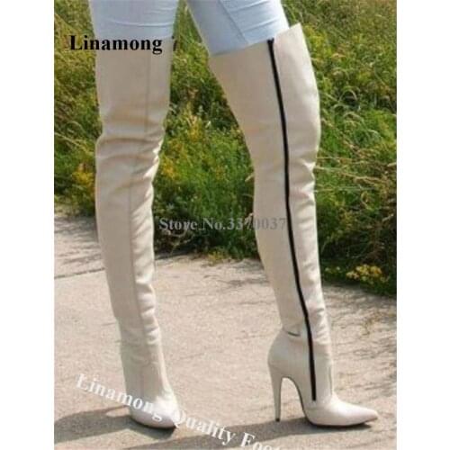 Linamong Fashion Pointed Toe Stiletto Heel Over Knee Boots Biege Blue Red Blue Leather Side Zipper-up Long High Heel Boots