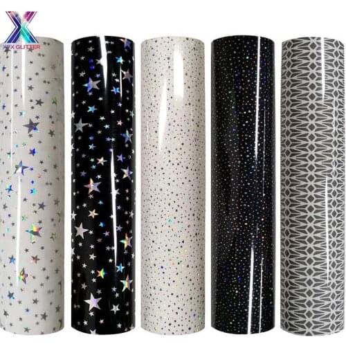 XINFANGXIU 12"x10"in Cricut Htv 5 Pcs Black and White Holographic Star Pattern HTV Vinyl Heat Transfer PU Heat for T-Shirt DIY