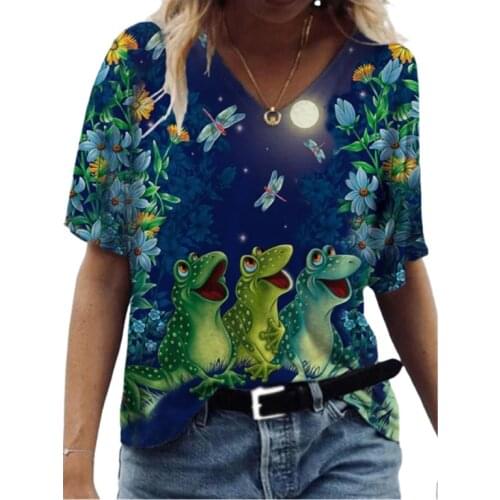 Oversized Ladies Tops Summer Short Sleeve V-Neck Loose Plus Size Casual Streetwear T Shirt Women Animal Frog Print Tee 2021 New