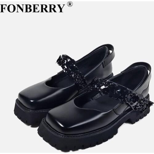 FONBERRY Luxury Rhinestone Slingback Chunky Platform Mary Janes Shoes Women Hook&Loop Square Toe High Heels Women Pumps