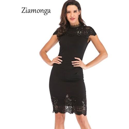 Ziamonga Summer Bodycon Pencil Dress Women Black Short Sleeve O-Neck Bandage Lace Dress Sexy Office Lady Vintage Party Dresses