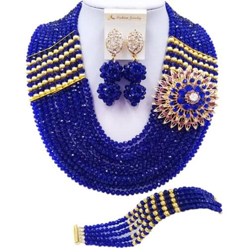 ACZUV Royal Blue African Beads Jewelry Set Nigerian Necklace 10C-2-2P-006