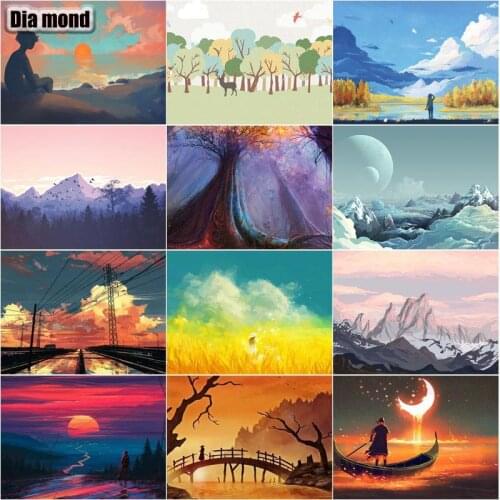 Diamond Painting Sunset Cross Stitch Full Square/Round Drill Diamond Embroidery Landscape Mountain Handmade Home Wall Decoration