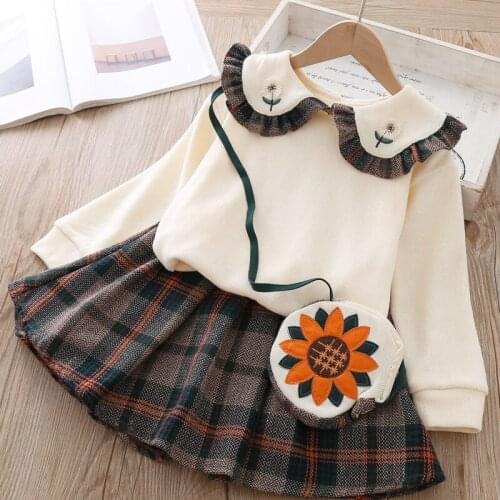 Baby Children Outfits Cotton suit for girls Pullover Pleated Skirt Autumn Winter girls Clothing set Kid Birthday Clothes 3 Piece