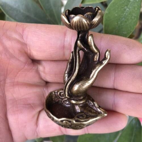 CHINA antique Pure copper fengshui luck Lotus Avalokitesvara hand small Statue Incense burner Metal crafts family decorations