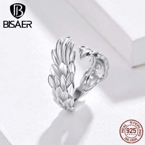 BISAER Wings Ring 925 Sterling Silver Hope Feathers Engrave Adjustable Finger Rings for Women Sterling Silver Jewelry ECR512