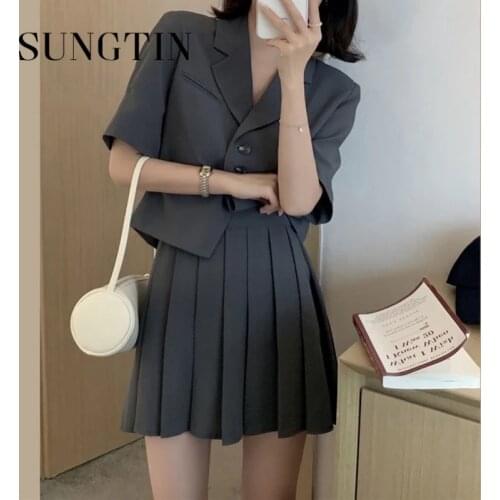 Sungtin 2 Piece Sets Solid Harajuku Short Blazers A Line Pleated Mini Skirts Women Sweet Suit Loose Draped 90s Korea Chic Skirts