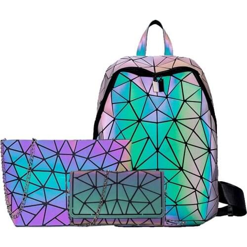 Women Backpack School Foldable Crossbody Bag For Ladies Clutch And Purse Geometric Luminous Laptop Bagpack holographic 3Pcs Set