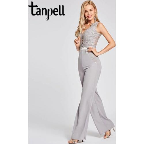 Tanpell lace jumpsuit evening dress silver appliques sleeveless floor length sheath gown women party formal long evening dresses