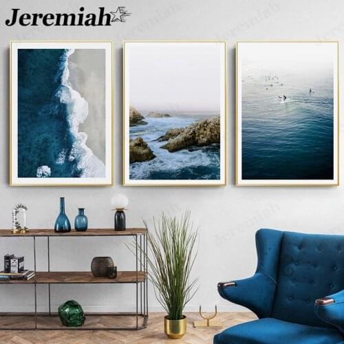 Nordic Minimalist Seascape Canvas Poster Blue Wave Painting Picture Print Wall Art Modern Living Room Home Decoration