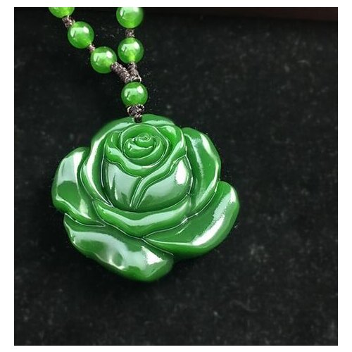 Natural Green Jade Rose Jade Bead Necklace Pendant Rope Lucky Amulet Jewelry Gemstone Gift