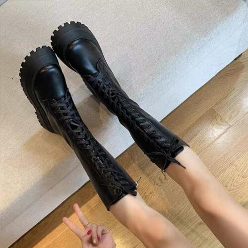 New Fashion Women Cross Strap PU Leather Boots Autumn Winter Knee High Boots Ladies Thick Sole Platform Botas Mujer
