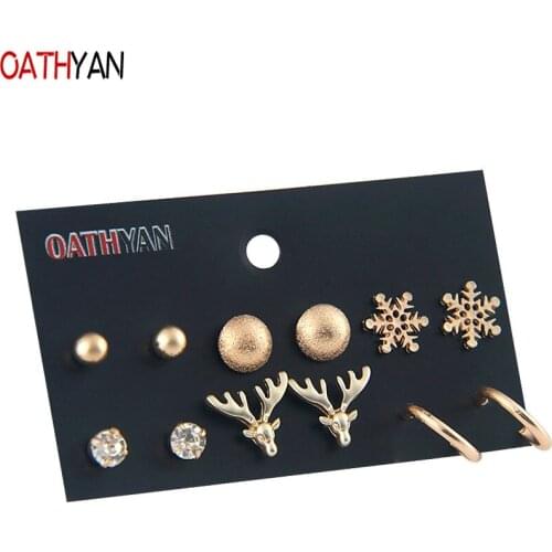 OATHYAN 6 Pairs/Set Trendy Round Snowflake Elk Stud Earrings Sets Mix Female Gold Color Metal Circle Rhinestone Earring Womens