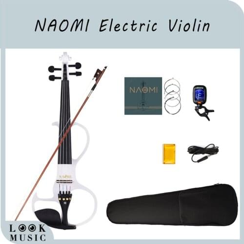 NAOMI Full Size 4/4 Silent Electric Violin Solid Wood Maple Ebony Fittings with Bow Case Headphone Rosin Audio Cable Strings