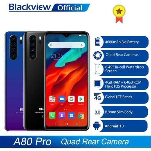 Global Version Blackview A80 Pro Quad Rear Camera Octa Core 4GB+64GB Android Mobile Phone Waterdrop 4680mAh 4G Smartphone