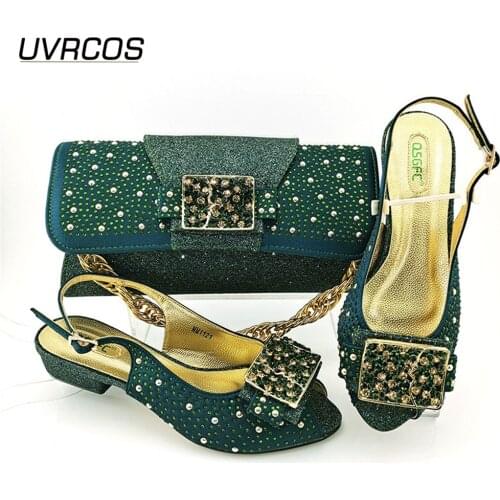 African 2021 Lastest Italian Design Nigerian Fashion Crystal Style Party HighHeels Ladies Shoes and Bag Set in AVOCADO Color
