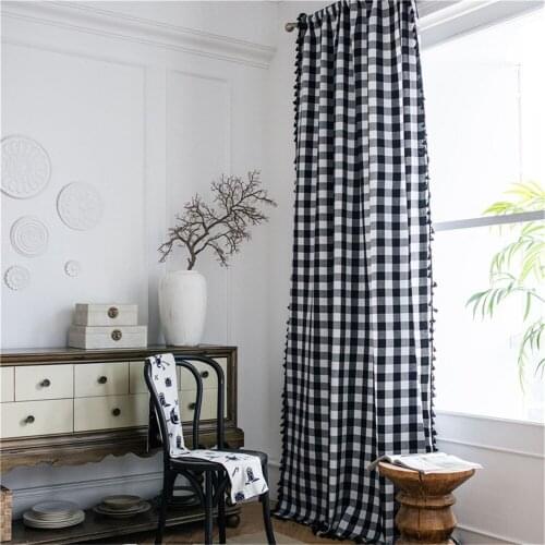 1.5M Width Black And White Grid Tassel Curtain Cotton And Linen Semi-shade Small Window Home Kitchen Curtain Decoration