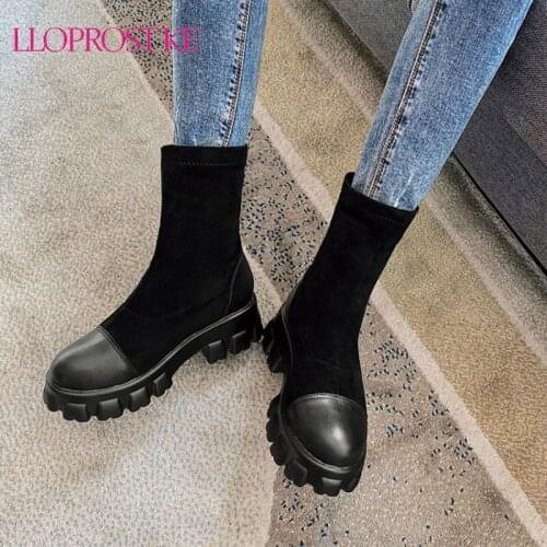 Lloprost ke Women Chelsea Boots Elastic Martin Ankle Slip-on Black Round Toe Platform Short Basic Winter Boots Ladies Size 32-46