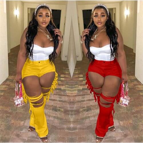 Red yellow Big Hole Hollow Plus Size Jean Women High Waist Side Tassel Patchwork Flare Pant Streetwear Bell Bottom Denim Capris