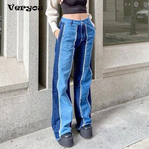 Fashion Women Color Patchwork Straight Long Pants 2021 Summer Autumn Casual Ladies Street Style Low Waist Jeans Blue XL