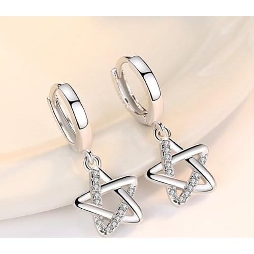 New Silver Color Stud Earrings For Women Hollow Zircon Pentagon Star Tassel Earrings pendientes oorbellen femme