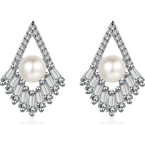 Womens New Fashion Luxury Rhombus Stud Earrings Shiny Crystal CZ Stone Pearls Geometric Earring Piercing Wedding Ear Jewelry