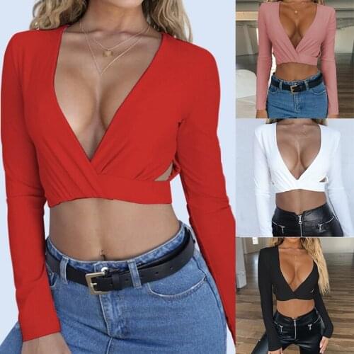Womens Sexy Deep V Elastic Slim Long Sleeve Short Top