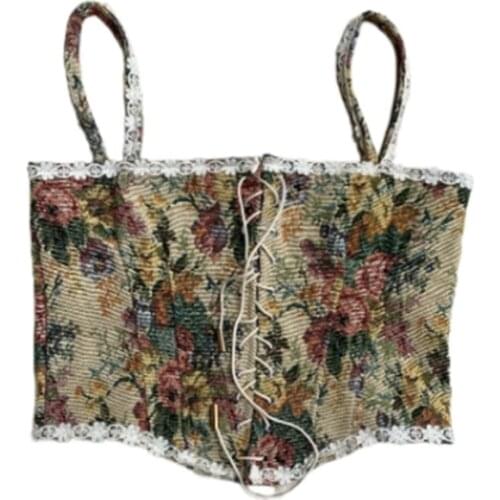 Women Strappy Sexy Corset Crop Top Vintage Flower Print with Bandage for Summer