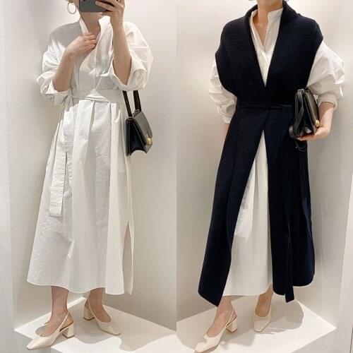 Women vintage autumn puff sleeve long white shirt+v-neck belted knitted vest two piece sets