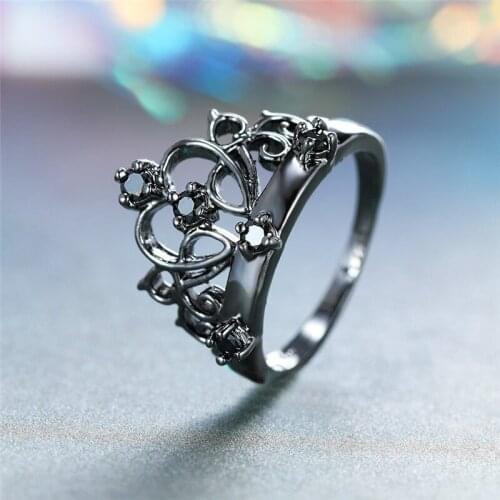 Charm Female Black Zircon Stone Ring Vintage 14KT Black Gold Wedding Rings For Women Promise Love Crown Engagement Ring