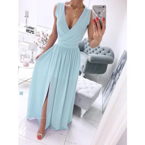 Women Sleeveless Chiffon Maxi Summer Dress Sexy Deep V Neck Front Split Elegant Pink White Party Holiday Long Dresses XXL Robe